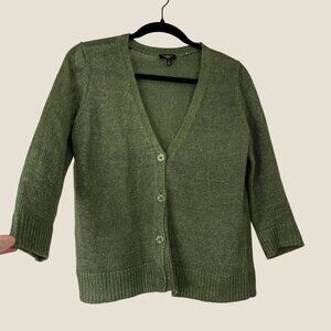 Talbots 100% Linen Green Loose Knit Button V Neck Cardigan 3/4 Sleeve Size M